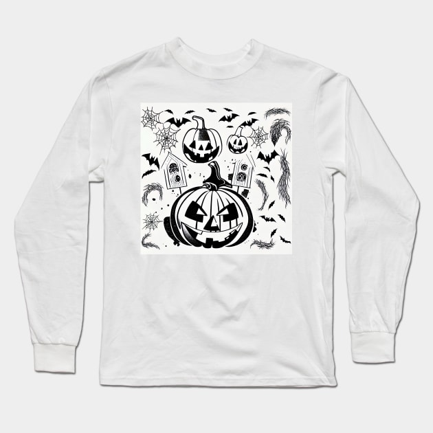 Halloween Scary Evil Pumpkin Funny Pumpkin Head Bats Cobwebs Graphic Halloween Pattern Long Sleeve T-Shirt by SubtleSplit